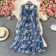 Fairy Super Fairy Sen Department Swing Long Skirt Autumn Light Luxury High-end Embroidered Mesh Floral Blue Stand Collar Dress