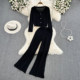 Women's fashion suit V-neck single-breasted long-sleeved cardigan jacket two-piece set high waist drape slit micro flared trousers