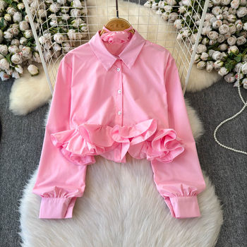 Sweet Three-Dimensional Ruffle Trim Design Shirt 2025 New Chic Slim-Fit Short Top