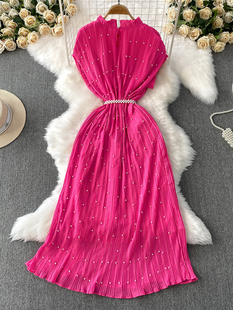 Elegant Socialite Style Heavy Pearl Trim Round Neck Dress for Women, New Summer Waist-Cinching Slimming Pleated Long Dress