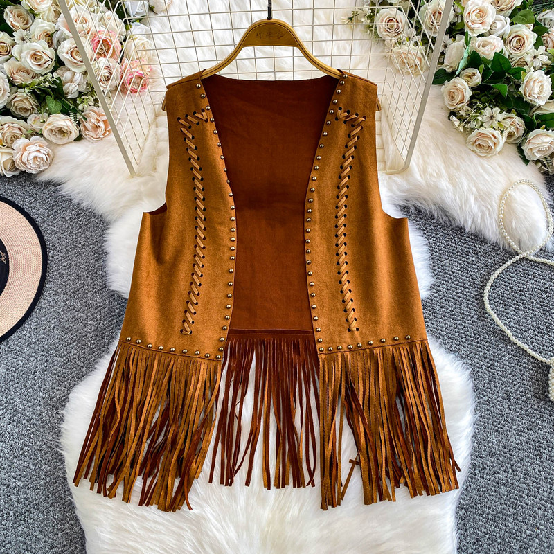 Ethnic Style Retro Heavy-Duty Studded Suede Vest Jacket for Women, Loose Fit, Slimming, Tassel Mid-Length Top Ethnic Style Retro Heavy-Duty Studded Suede Vest Jacket for Women, Loose Fit, Slimming, Tassel Mid-Length Top