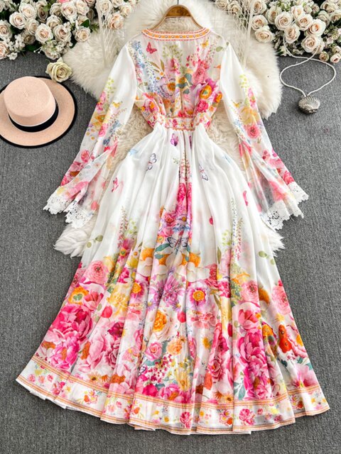 European and American palace style dress, sexy deep V-neck, buttoned waist, slimming and long design, printed temperament dress