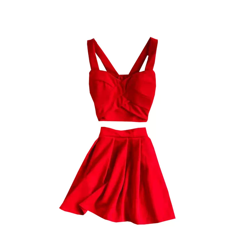 Сексуальная мини-юбка, юбка, футболка, комплект, V-образный вырез, slim fit, А-силуэт, открытая спина, яркий запоминающийся стиль