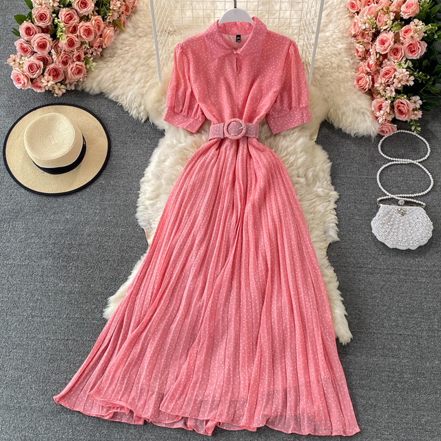 2021 summer French retro lapel pleated dress with straps waist puff sleeves slim and slim long skirt