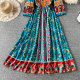 Spring new bohemian ethnic style big swing long skirt travel vacation heavy industry embroidery V-neck color dress