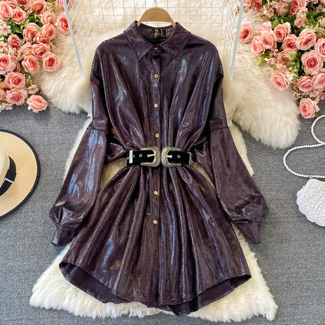 2023 autumn new European and American temperament lapel chic slim slim long-sleeved metallic mid-length dress