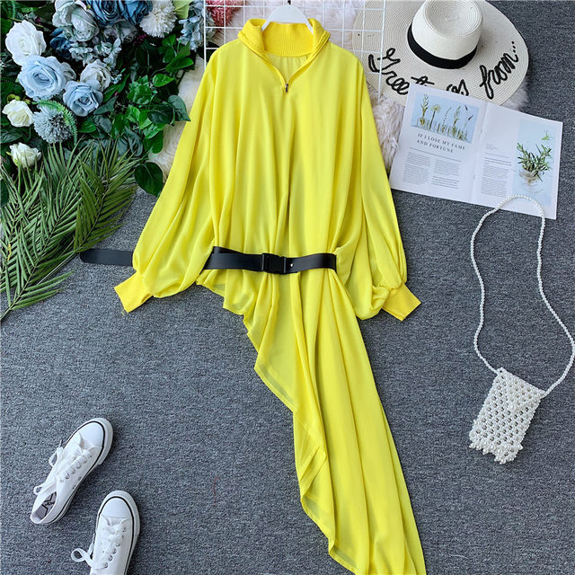 2023 autumn tourism vacation beach seaside vacation irregular skirt lantern sleeves loose stand collar dress long sleeves