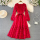 High-end light luxury temperament long-sleeved round neck waist slimming hollow A-line lace dress elegant swing long skirt