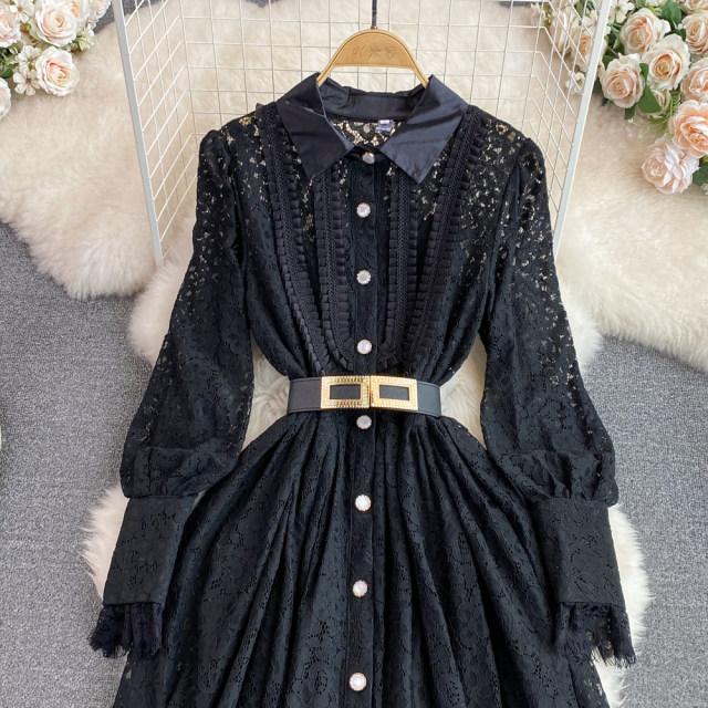 Retro Temperament Lapel Single-breasted Waist Slim Crochet Hollow Lace Shirt Dress Elegant Long Skirt