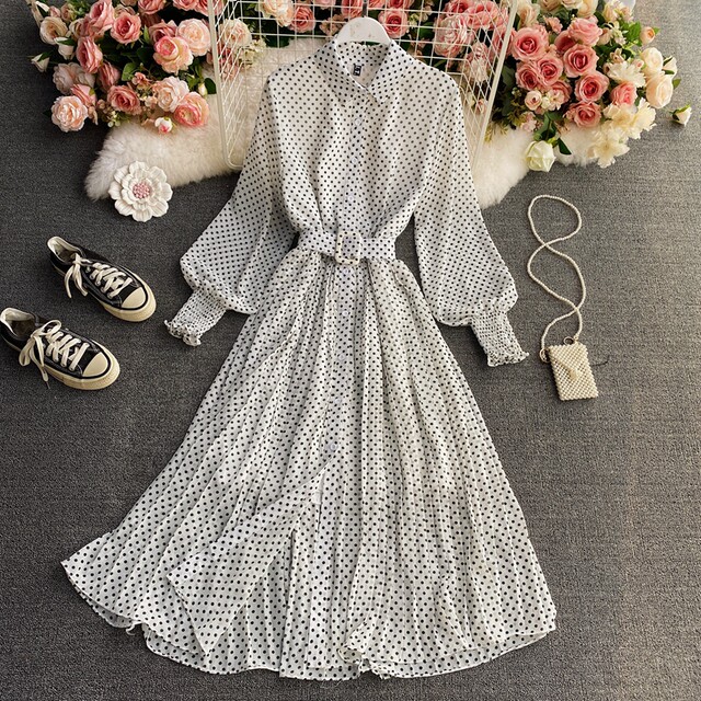 Polka Dot Chiffon Shirt Collar Dress Spring and Autumn New Chic Gentle Wind Temperament Waist Swing Pleated Long Skirt