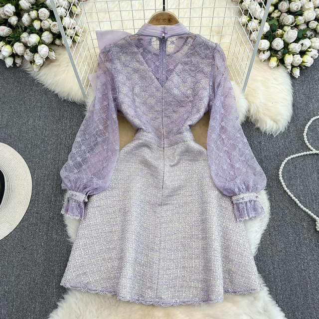 Xiaoxiang Style Bubble Long-sleeved Stand Collar Bowknot Beaded Mesh Splicing Received Waist Tweed A-Line Dress