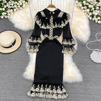 European retro elegant and dignified fishtail skirt high-end heavy craftsmanship embroidery waist slim temperament skirt slim dress