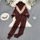 Women's Fashion Suit Stand Collar Loose Contrasting Color Lantern Sleeve Knitwear Top Two-Piece Set High Waist Slim Leg Pants