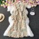 Lace-up bow collar large swing chiffon dress new Mori fashion temperament waist floral pleated long skirt