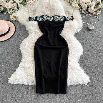 Light Luxury Socialite Sexy Strapless Backless Black Dress for Women, Heavily Embellished with Rhinestones, Waist-Cinching, Slimming, Bodycon Evening Gown