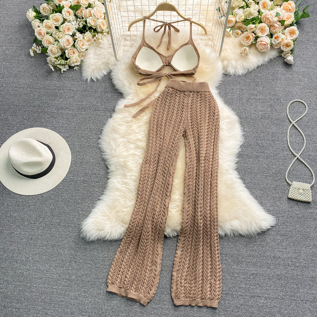 Seaside Holiday Suit Hollow Knit Halter Tube Top Top Female Hot Girl Vest Two Piece High Waist Casual Pants