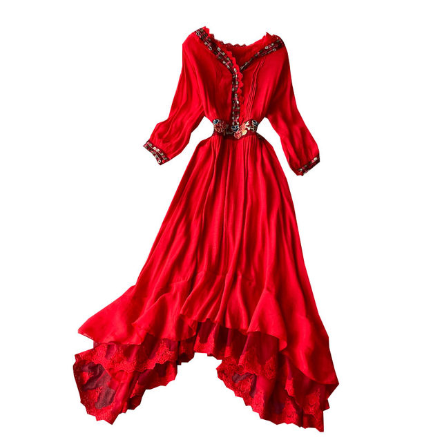 Red Ethnic Style Embroidered V-neck Dress Vacation Beach Skirt Slim Waist Slimming Ruffled Swing Long Skirt