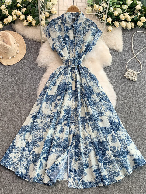 European and American style niche ink painting printed lapel shirt dress women's French lace-up waist slimming long skirt