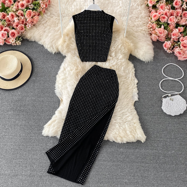 Sparkling hot diamond skirt high waist slim sexy package hip slit midi skirt two-piece suit stand-up collar T-shirt summer