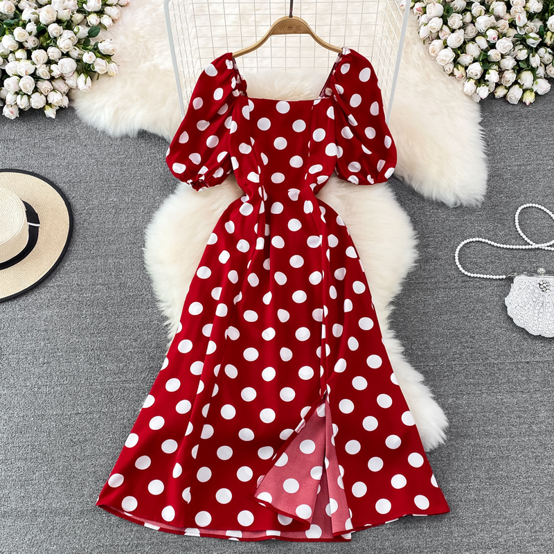 2025 Summer New Korean Style Square Neck Puff Short Sleeve High Waist Slimming Mid-Length Slit Polka Dot A-Line Dress
