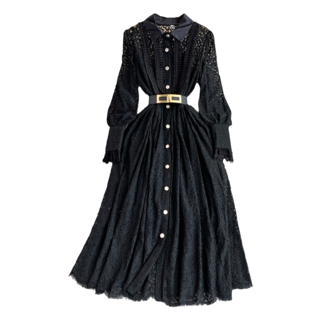 Retro Temperament Lapel Single-breasted Waist Slim Crochet Hollow Lace Shirt Dress Elegant Long Skirt