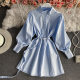 Mid-length stand-up collar shirt women's new spring 2023 waist slimming single-breasted fashion puff sleeve dress