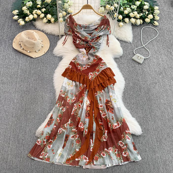 European and American Style Atmospheric Mesh Printed Twisted V-Neck Dress for Women, Summer Waist-Cinching Ruffled Elegant Long Dress