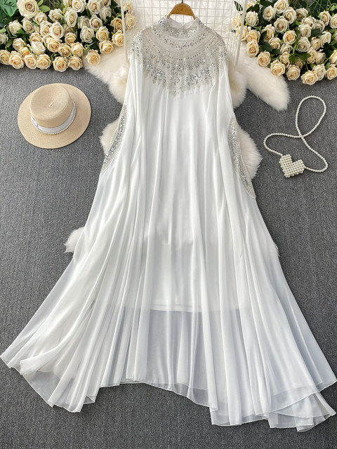 European and American style niche heavy industry embroidered beads and sequins long-sleeved dress women's summer loose and belly-covering long dress