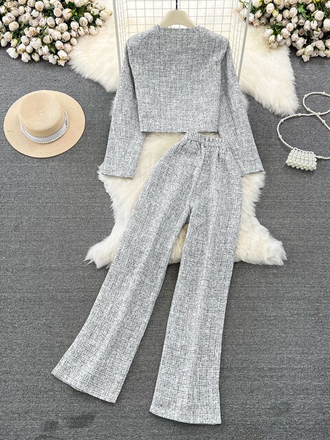 Fashion Suit Women's Korean Style Round Neck Single-Breasted Shirt Jacket Two-piece Casual High Waist Slim Straight Leg Wide Leg Pants