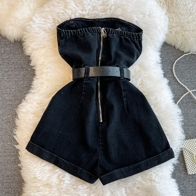 Fashion small tube top denim one-piece shorts female summer Hong Kong style retro fashion wide-leg tooling jumpsuit tide