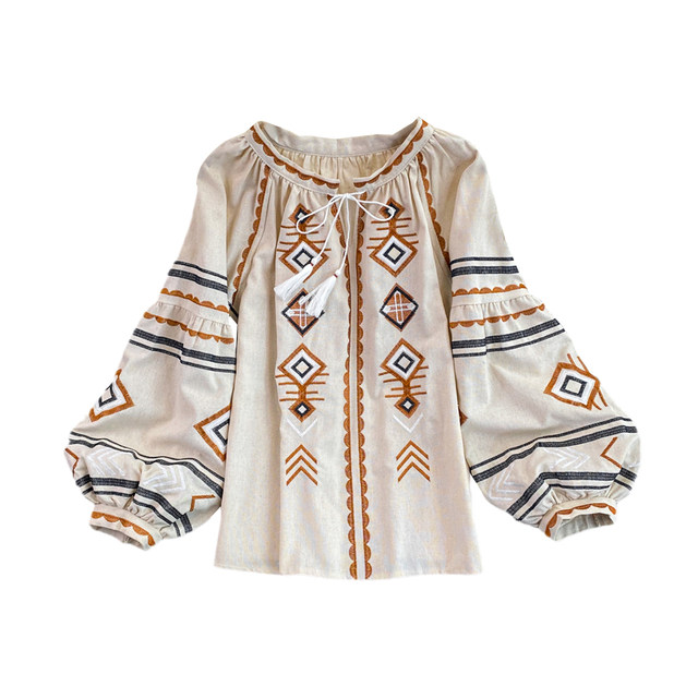 Spring and Autumn New Korea Retro Loose Ethnic Wind Embroidery Slim Lantern Sleeve Doll Top Women's Round Neck Pullover Shirt