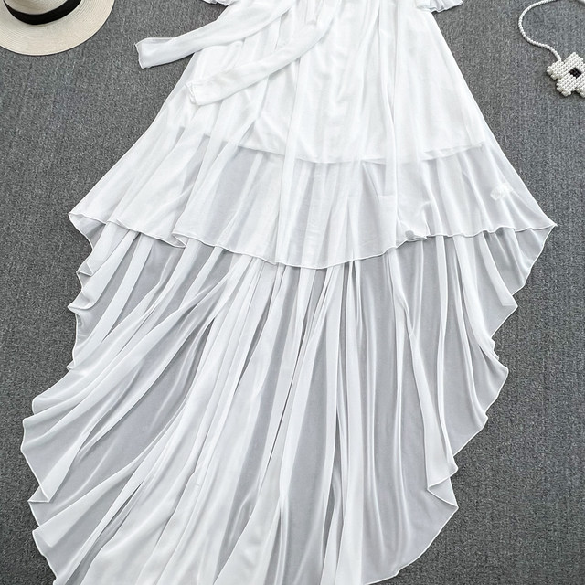 Desert travel photography vacation mopping the floor long skirt fashion super fairy sweet V-neck bubble long-sleeved A-line dress