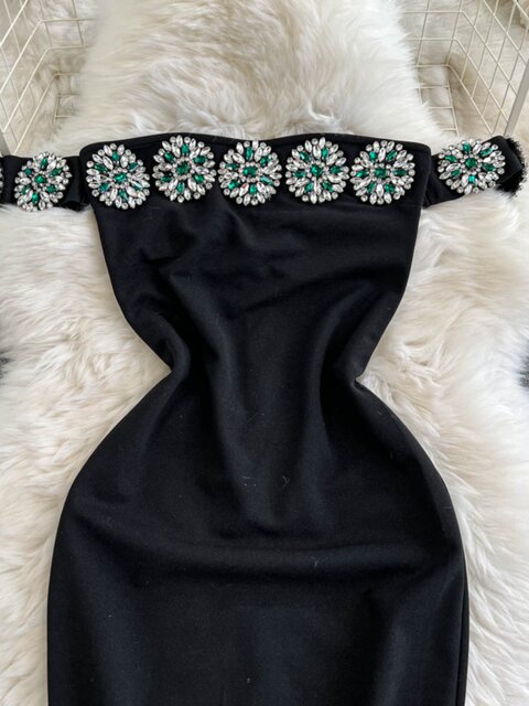 Light Luxury Socialite Sexy Strapless Backless Black Dress for Women, Heavily Embellished with Rhinestones, Waist-Cinching, Slimming, Bodycon Evening Gown