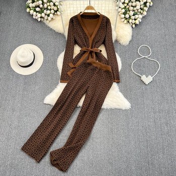 Fashion suit women's casual temperament V-neck waist belt knitted cardigan top two-piece set high waist wide-leg pants