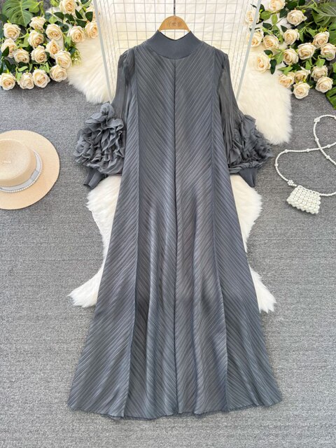 High-End Ladylike Pleated Lantern Long-Sleeved Stand-Up Collar Loose A-Line Solid Color Dress Elegant Long Dress