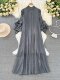 High-End Ladylike Pleated Lantern Long-Sleeved Stand-Up Collar Loose A-Line Solid Color Dress Elegant Long Dress