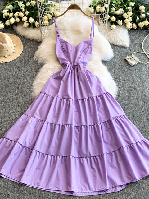 French-Style Design, Hollow-Out Backless Spaghetti Strap Dress for Women, Summer Waist-Cinching Slimming Long Dress with Large Flared Ruffles