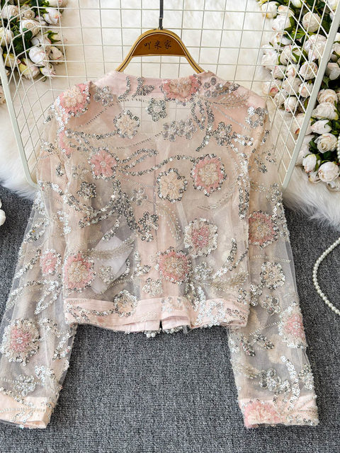 Internet celebrity same style 2025 spring and summer new French high-definition pearl edge sequin embroidered mesh short jacket women's top