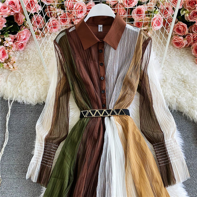 Spring and autumn contrast color stitching mesh dress lantern sleeve goddess fan temperament POLO collar waist slimming long skirt