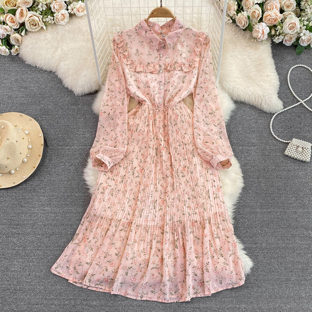 Super Fairy Small Fresh Sweet Floral Long Dress Gentle Wind Lapel Ruffles Waist Slim A-Line Pleated Dress