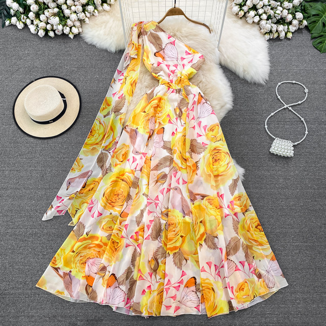 High-end retro temperament slanted neck waist slimming sleeveless a-line print large swing dress elegant dress long skirt