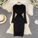 Spring and autumn Korean chic elegant temperament V-neck contrast color waist slimming long-sleeved zipper bag hip bottoming dress