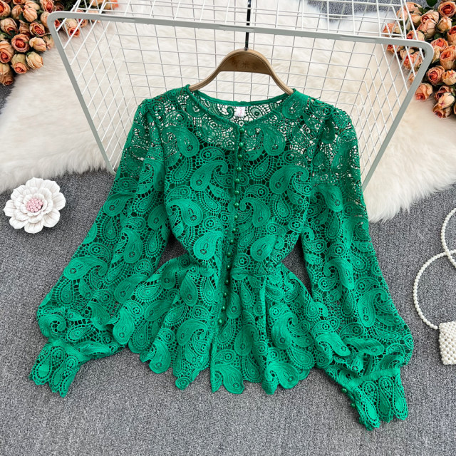 Spring retro palace style round neck single-breasted button hollow hook flower lotus leaf hem lace shirt women's foreign style chic top