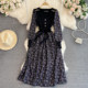 Gentle and retro temperament fake two-piece long-sleeved V-neck knitted waist slim floral A-line dress elegant long skirt