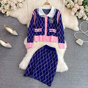 Xiaoxiangfeng fashion suit female celebrity temperament doll collar single-breasted slim top two-piece high-waisted skirt