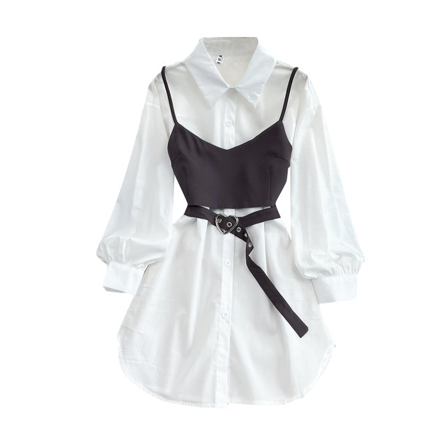 2022 autumn new retro Hong Kong style temperament slim waist white shirt dress two-piece camisole