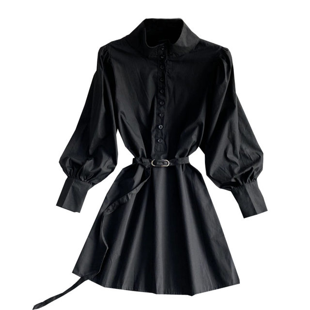 Mid-length stand-up collar shirt women's new spring 2023 waist slimming single-breasted fashion puff sleeve dress