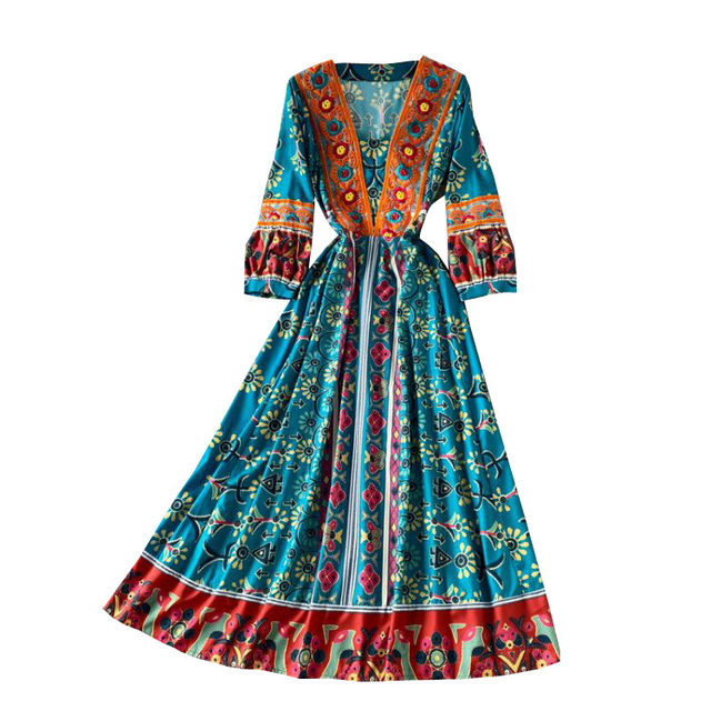 Spring new bohemian ethnic style big swing long skirt travel vacation heavy industry embroidery V-neck color dress