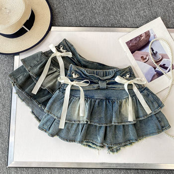 European and American Retro Bow-Knot Skirt for Women, Summer Petite High-Waisted Slimming Puffy Ruffled Denim Short Skirt Pants