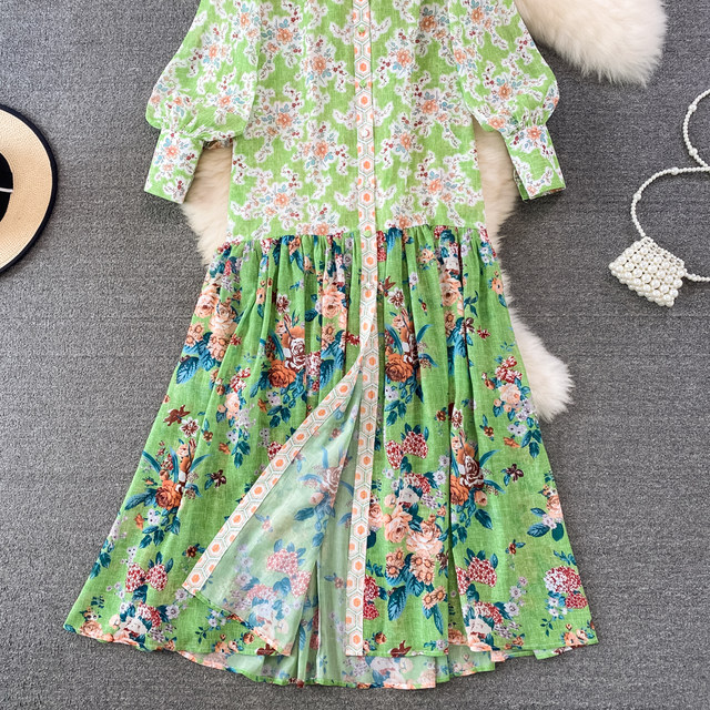 European and American retro temperament lantern long-sleeved stand-up collar waist slimming single-breasted A-line floral dress elegant long skirt